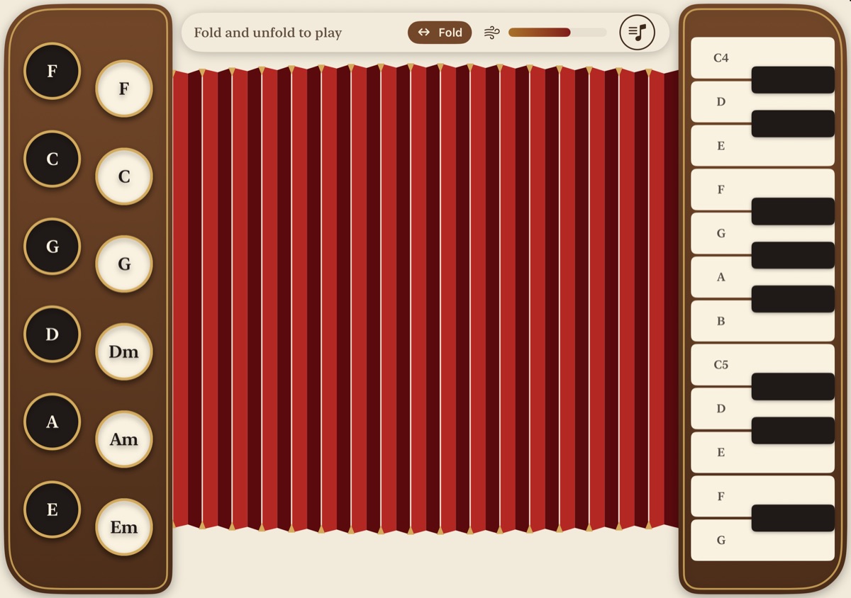 Open iPhone Duo in Fold mode. The header reads Fold and unfold to play, with a Fold badge and a half-full air meter. Bass and chord buttons on the left edge, piano keys on the right edge, red bellows across the middle.