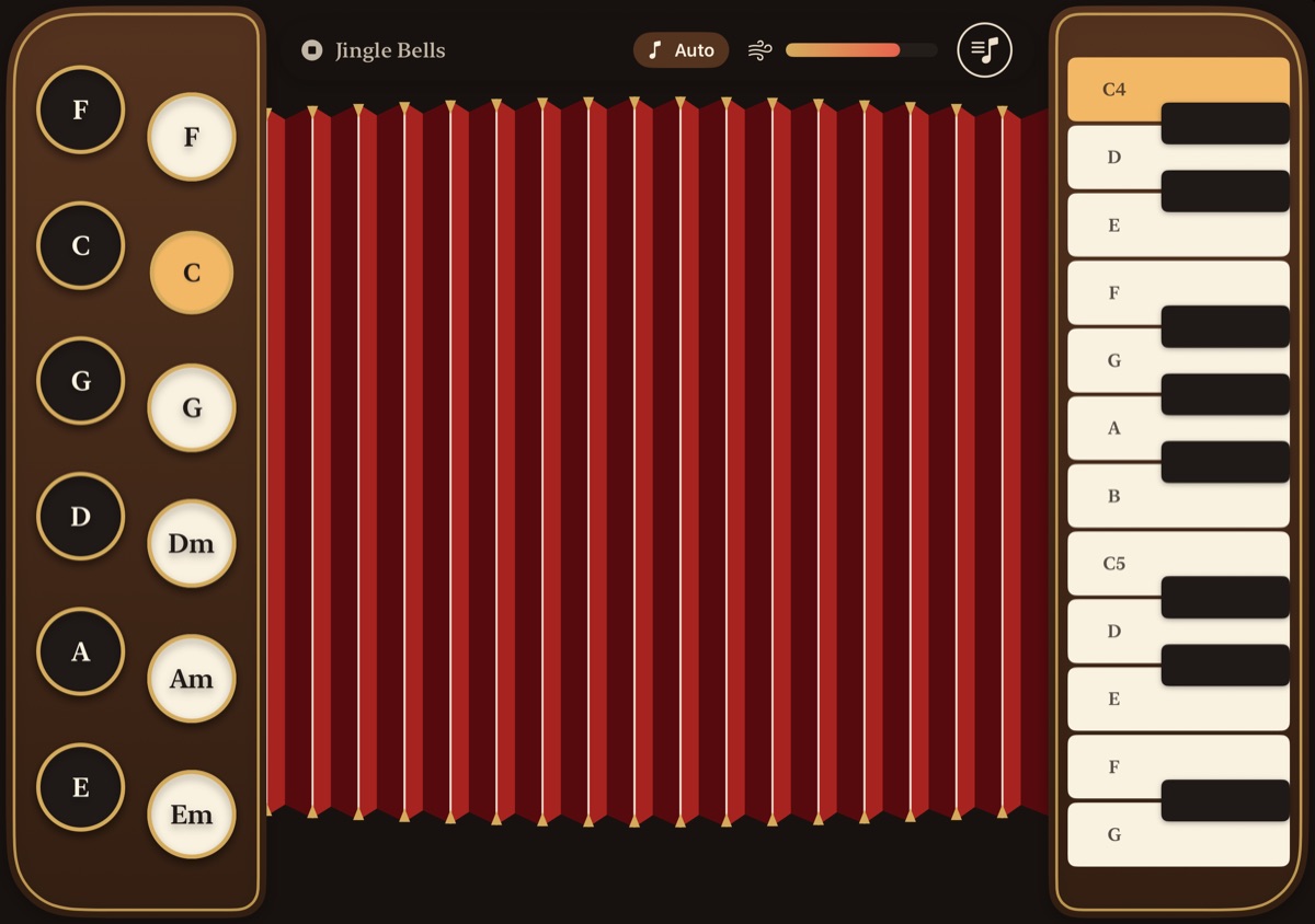 Dark mode on iPhone Duo, playing Jingle Bells. The C chord button and the C4 key are lit.