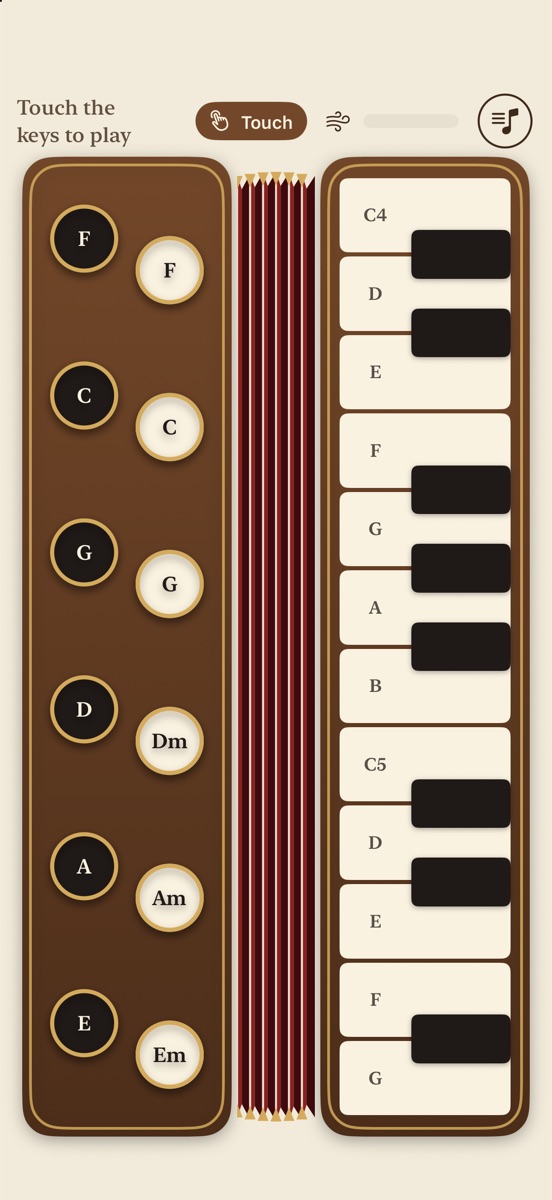 iPhone in Touch mode. The header reads Touch the keys to play with a Touch badge.