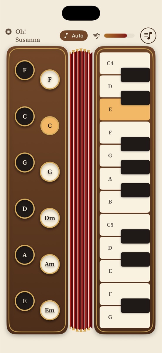iPhone playing Oh! Susanna. The C chord button and the E key are lit.