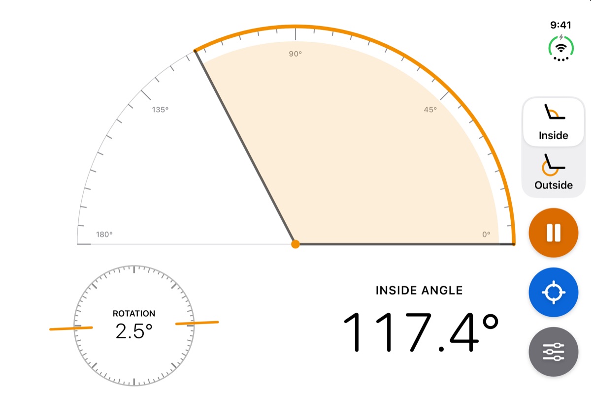 Open iPhone Duo inner display. A half-protractor dial pivots on the fold with the angle shaded orange. Right of the fold: Inside angle 117.4 degrees. Left: a small level reading 2.5 degrees rotation. A column at the right edge holds Inside and Outside, Hold, Target and Calibrate.