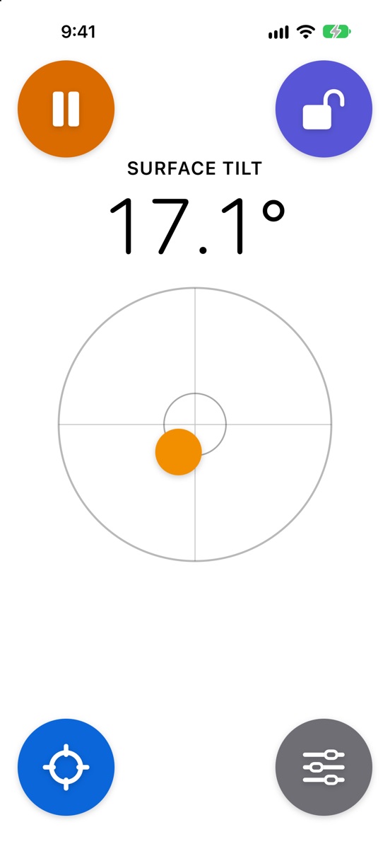 iPhone lying flat. Surface tilt 17.1 degrees above a bubble level with an orange bubble just off center.