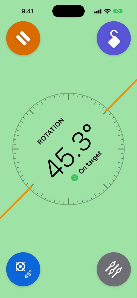 Edge level with a 45 degree target. The screen is green. The reading is 45.3 degrees, On target.