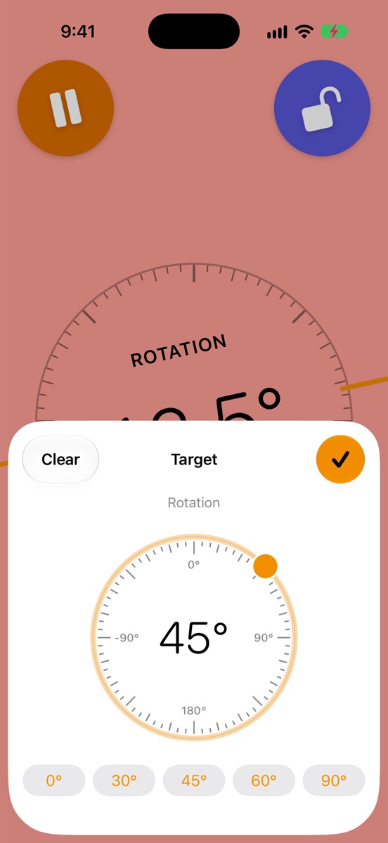 Target sheet over the level. A round dial set to 45 degrees with an orange dot on the ring, a Clear button and a checkmark at the top, and presets 0, 30, 45, 60 and 90 degrees below.