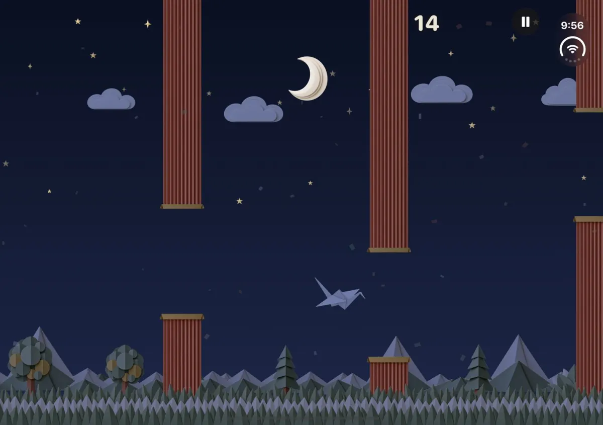 Fold Glide at night on the iPhone Duo inner display: a white paper crane glides between red paper columns under a crescent moon. Score 14.