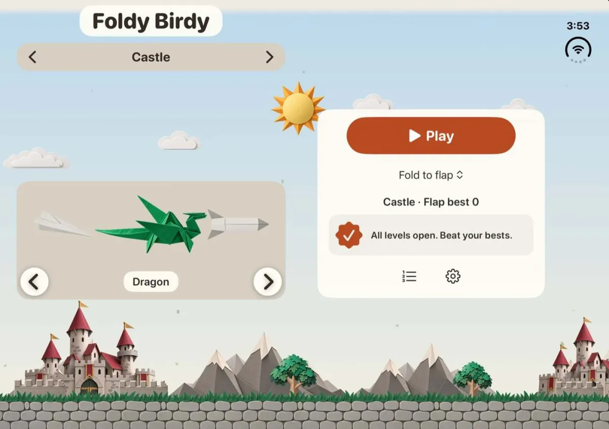 Title screen on the iPhone Duo inner display. Left of the fold: the Castle world and a green origami dragon in the character picker. Right of the fold: the Play button, the Fold to flap menu and the world's best score.