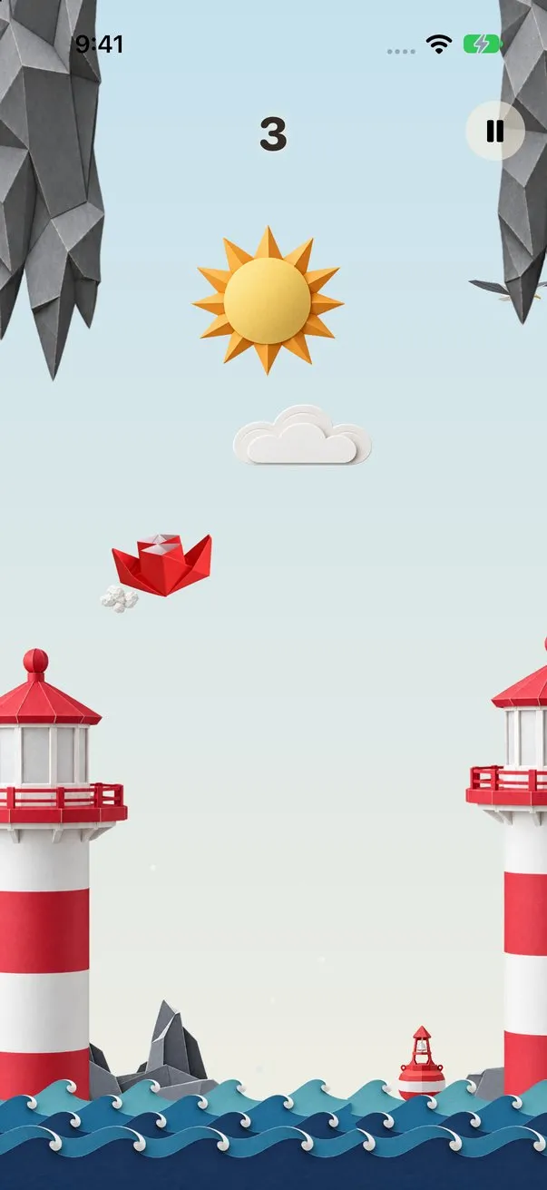 Lighthouse Bay: a red origami steamboat flies between gray paper rocks, with red and white paper lighthouses and waves below.