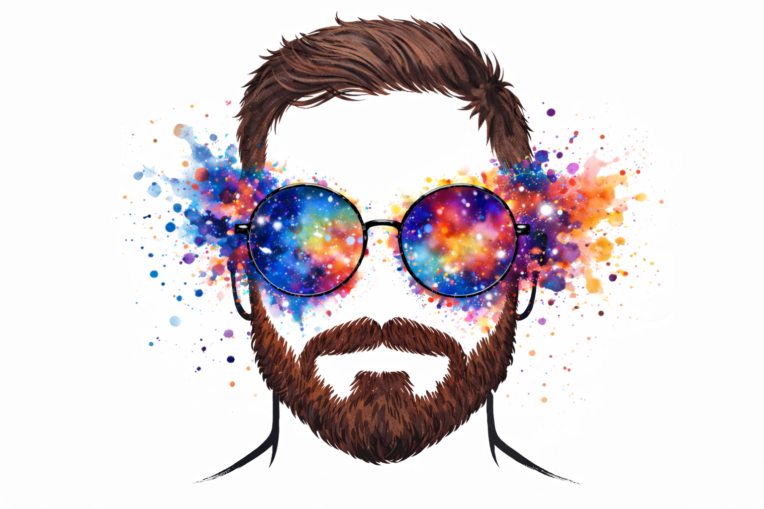 Special Glasses logo: a watercolor illustration of a bearded man wearing round glasses with cosmic galaxies visible through the lenses, surrounded by colorful paint splotches